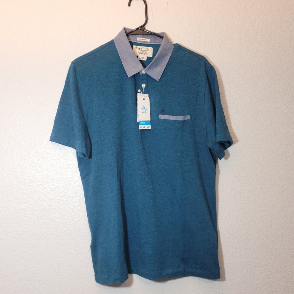 Original Penguin Mens Polo Shirt Blue Demin Short Sleeve Pocket Cotton Large
